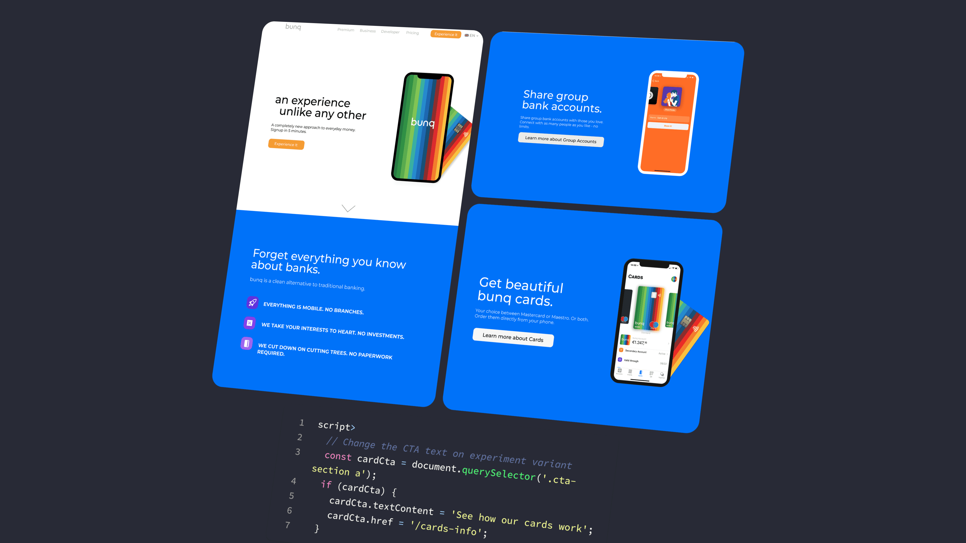 Three tilted bunq landing-page sections — 'an experience unlike any other', 'share group bank accounts', 'get beautiful bunq cards' — beside a code snippet that swaps the call-to-action text on an experiment variant