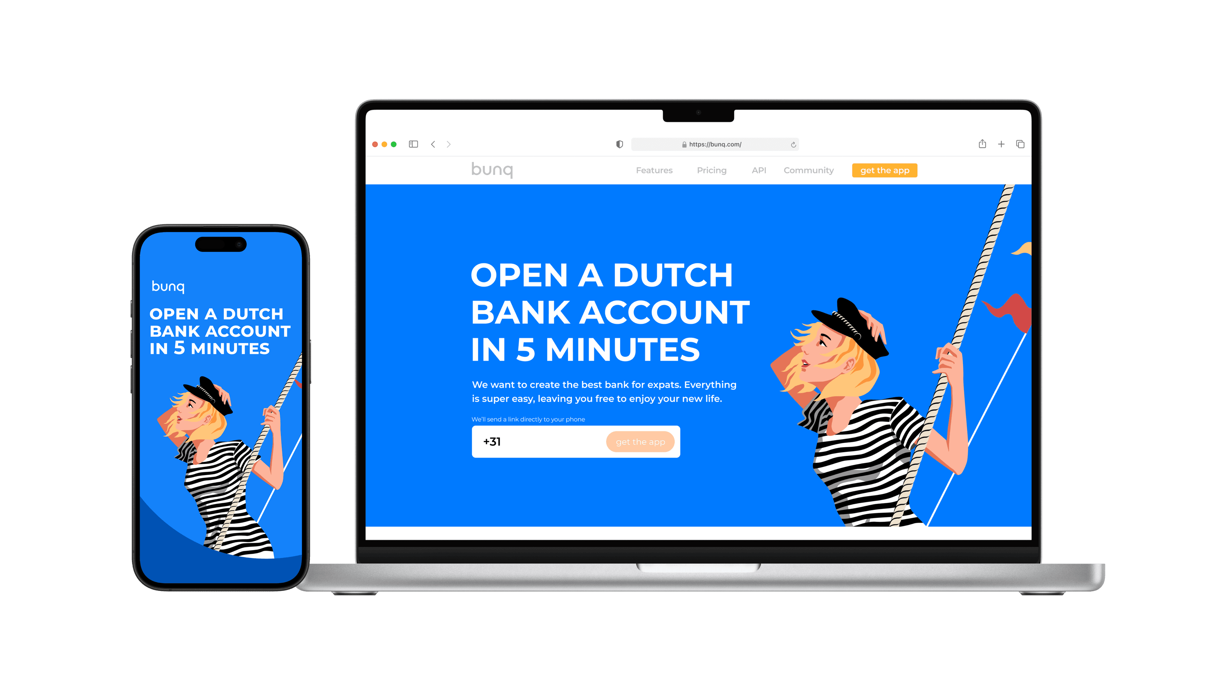 A laptop and phone showing the expat-targeted landing page: 'Open a Dutch bank account in 5 minutes', with a phone-number capture field and a sailor illustration