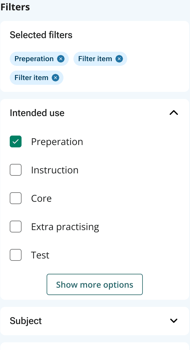 The Quipu filter panel — a Selected filters card holding removable chips, an expanded Intended use section with checkboxes and a Show more options button, and a collapsed Subject section
