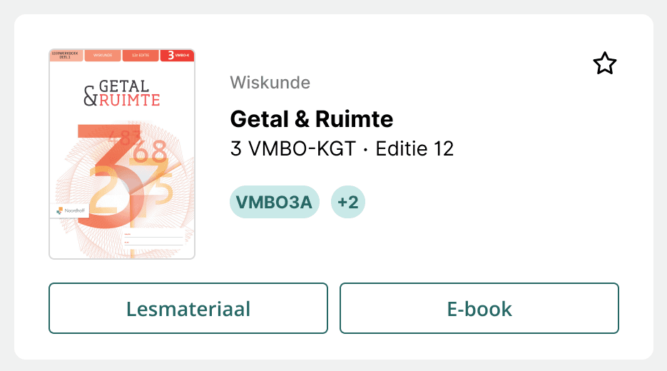 A Quipu bookshelf card — cover thumbnail, the subject Wiskunde, the title Getal & Ruimte, an edition line, class chips reading VMBO3A and +2, a favourite star, and Lesmateriaal and E-book buttons