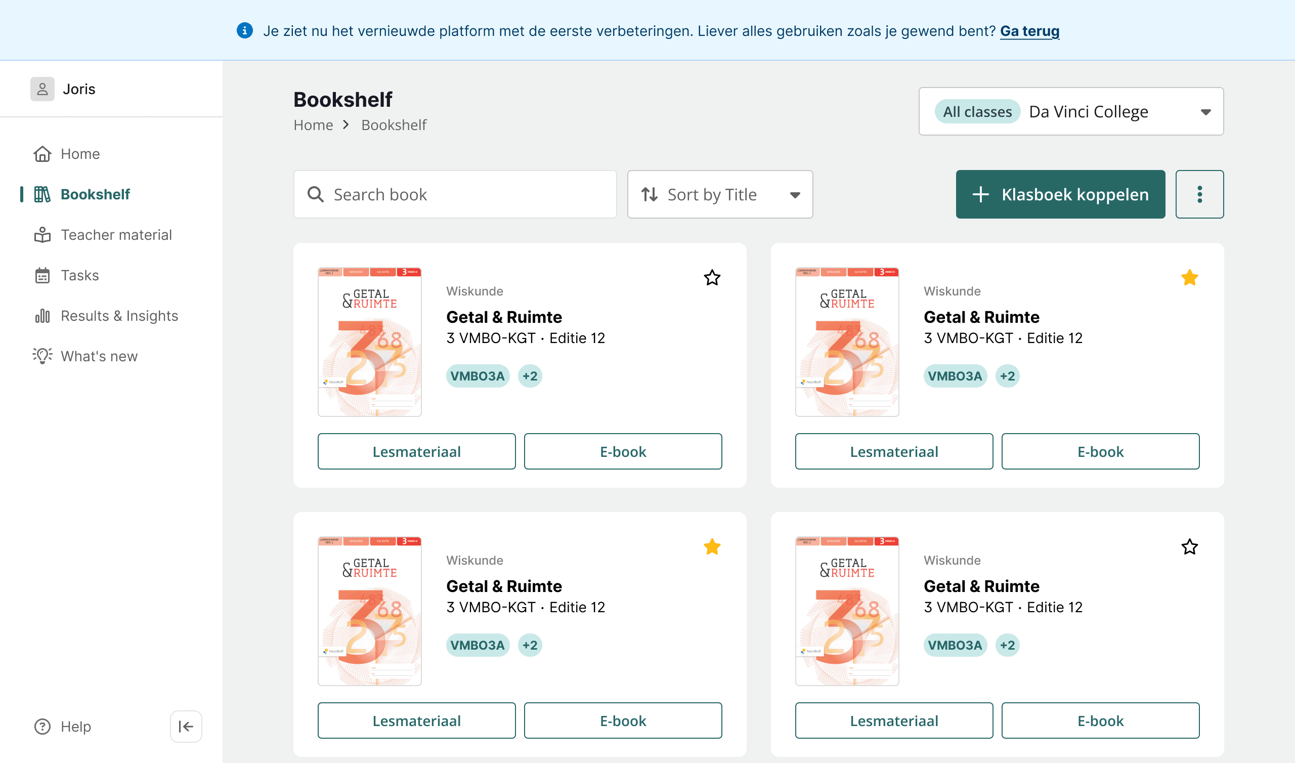 The teacher Bookshelf page — sidebar navigation, breadcrumb, search and sort controls, and a grid of book cards with class chips and two actions each