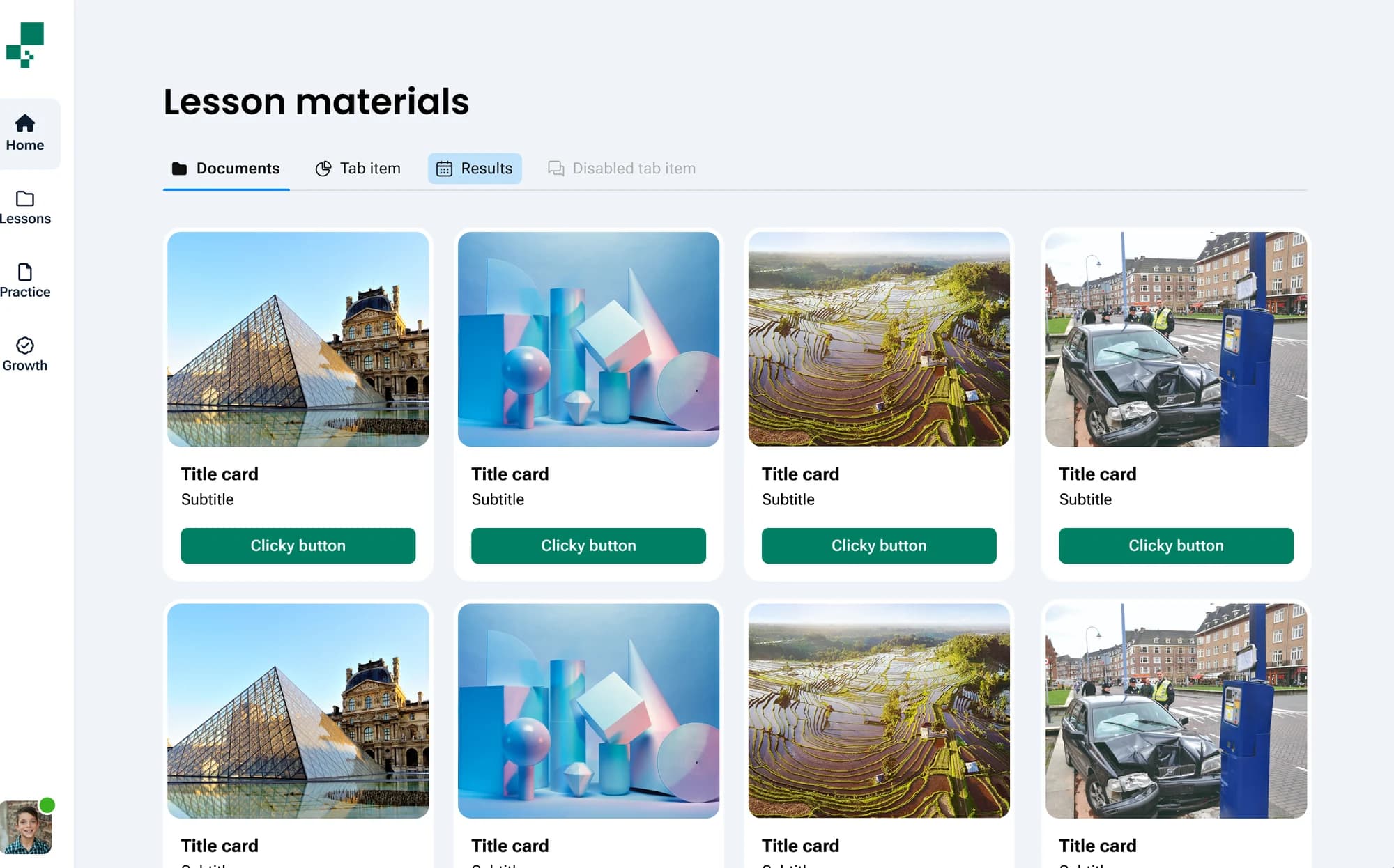 The secondary learner lesson-materials page — a sidebar, a row of icon tabs including a disabled one, and a grid of image cards each with a title, subtitle and button