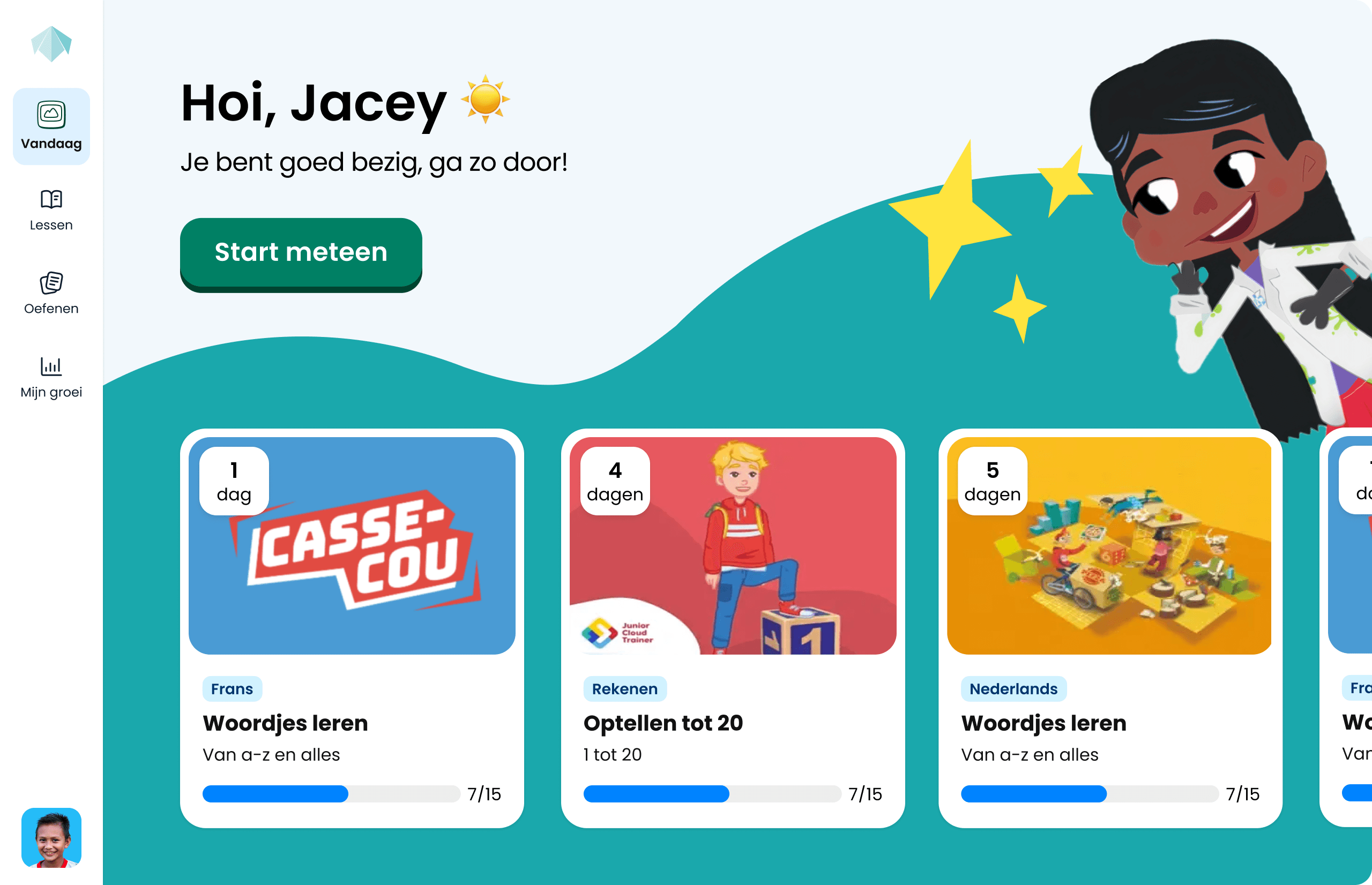 The primary pupil homepage — a greeting, a large Start button, a teal illustrated banner with a character, and a row of lesson cards with subject chips and progress bars