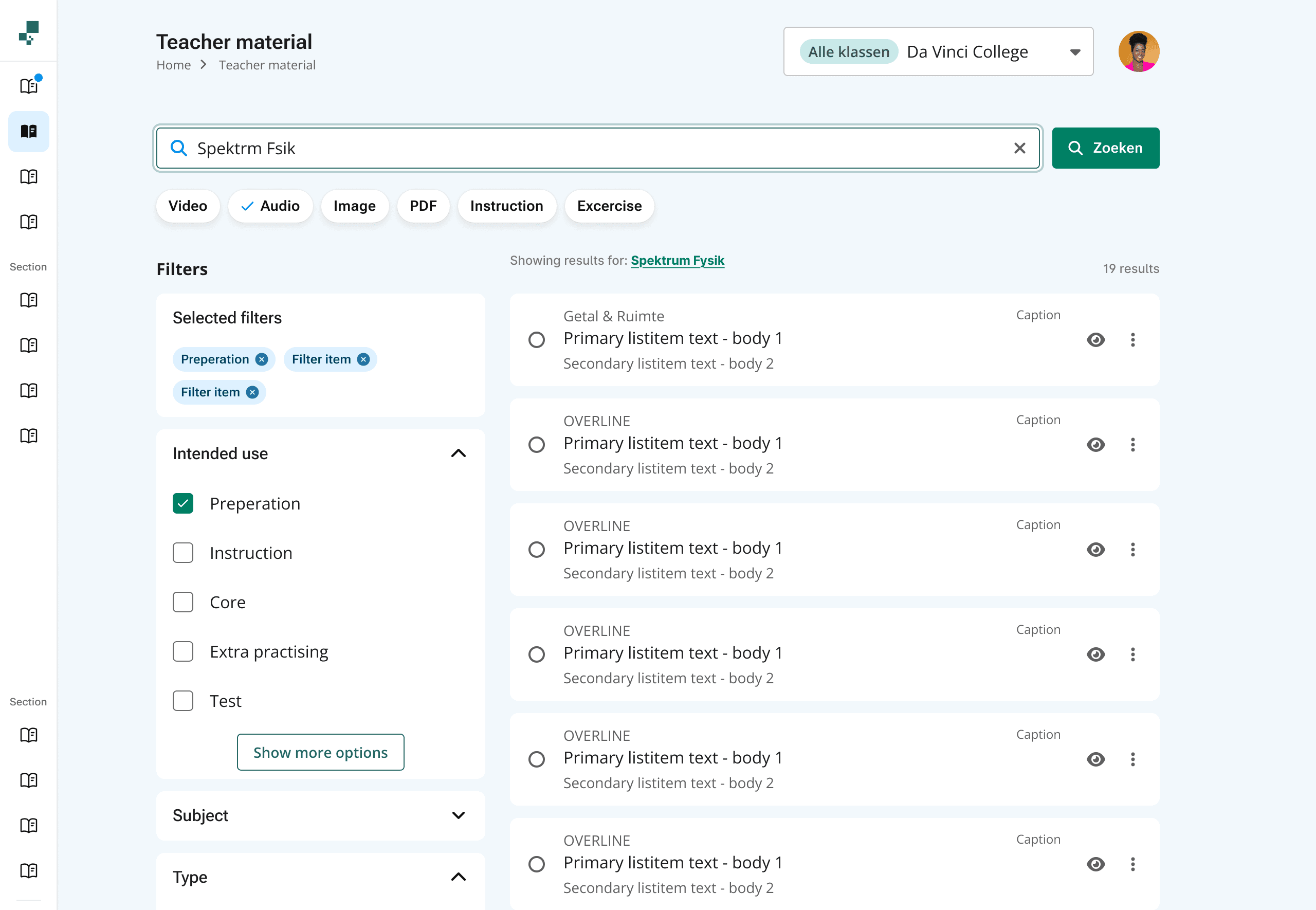 The teacher material search page — appbar, breadcrumb, class selector, search field, filter chips, a filter accordion, and a list of results