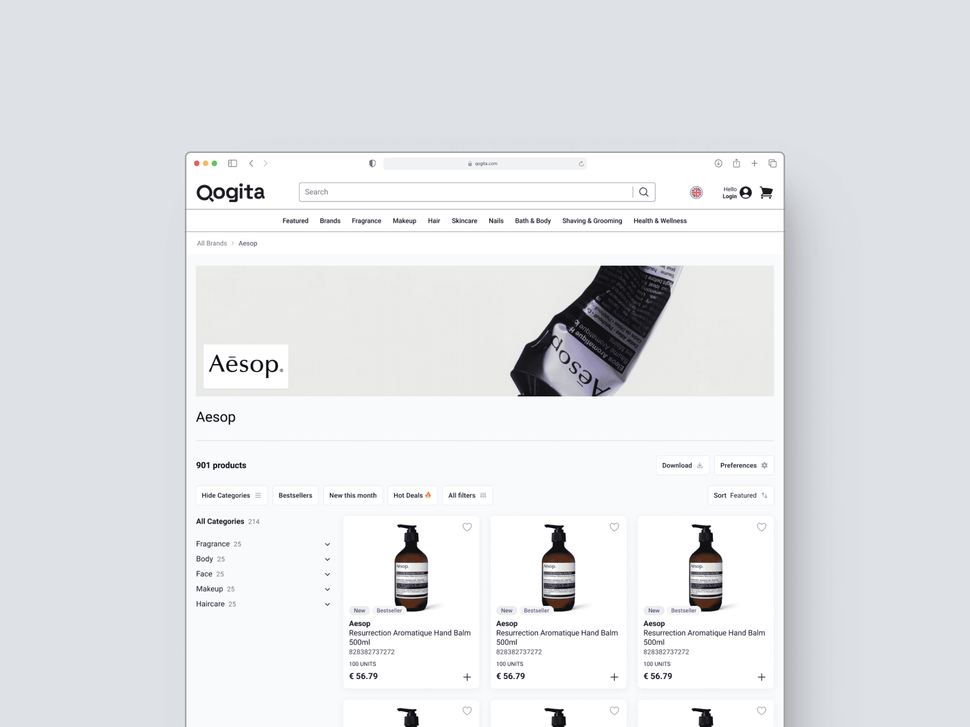 A brand page for Aesop showing a brand banner, 901 products, category filters down the left and a product grid with new and bestseller badges, unit counts and prices