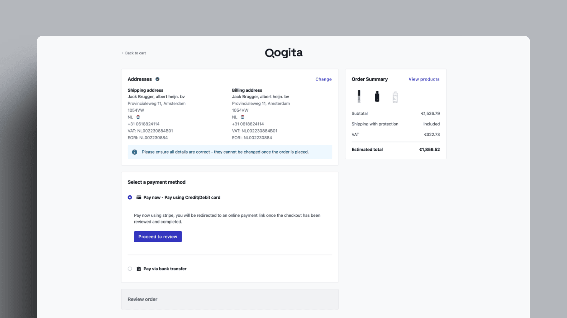 The checkout page with confirmed shipping and billing addresses including VAT and EORI numbers, a payment-method selection between card and bank transfer, and an order summary panel with subtotal, included shipping, VAT and estimated total