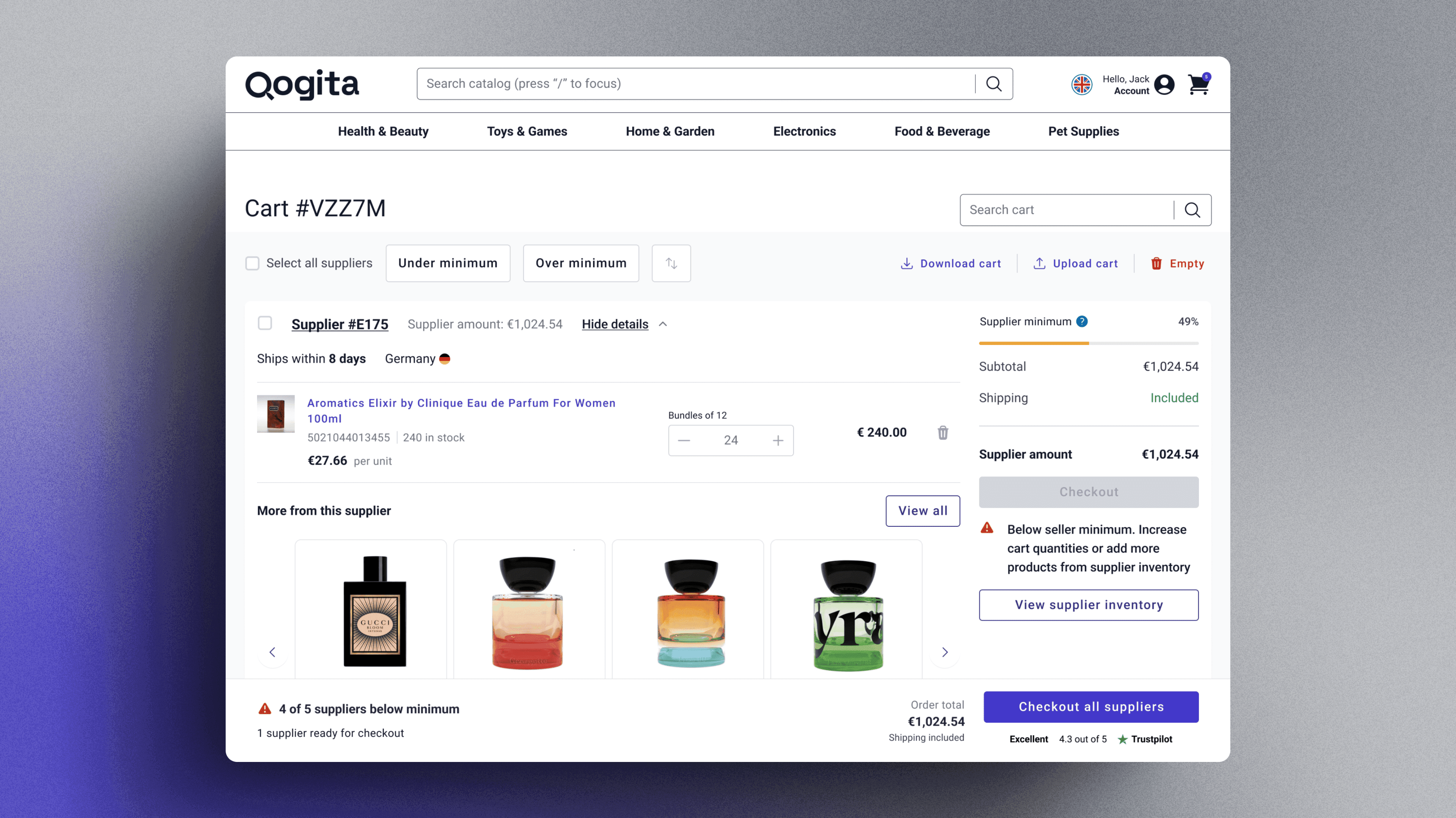 One supplier group expanded, showing ships-within and country, the products in that group with per-unit and line prices, a 'More from this supplier' carousel, and a sidebar with the 49% minimum progress, subtotal, a disabled checkout button, the warning 'Below seller minimum — increase cart quantities or add more products from supplier inventory', and a 'View supplier inventory' button