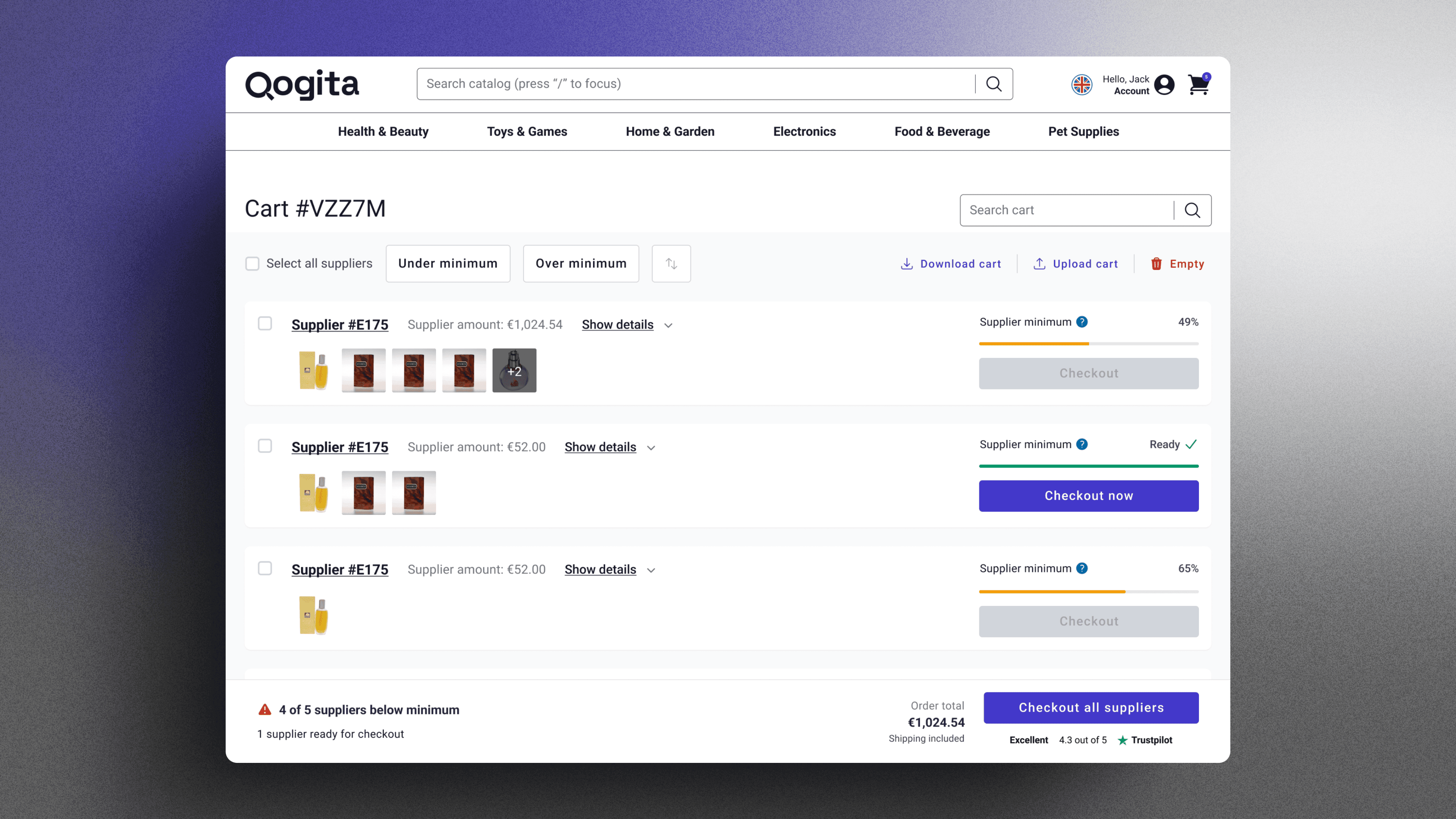 A cart grouped into supplier blocks, each block showing its own subtotal, a minimum-order progress bar and its own checkout state — one at 49% with checkout disabled, one marked Ready with an active 'Checkout now' button, one at 65% and disabled. A footer reads '4 of 5 suppliers below minimum, 1 supplier ready for checkout'