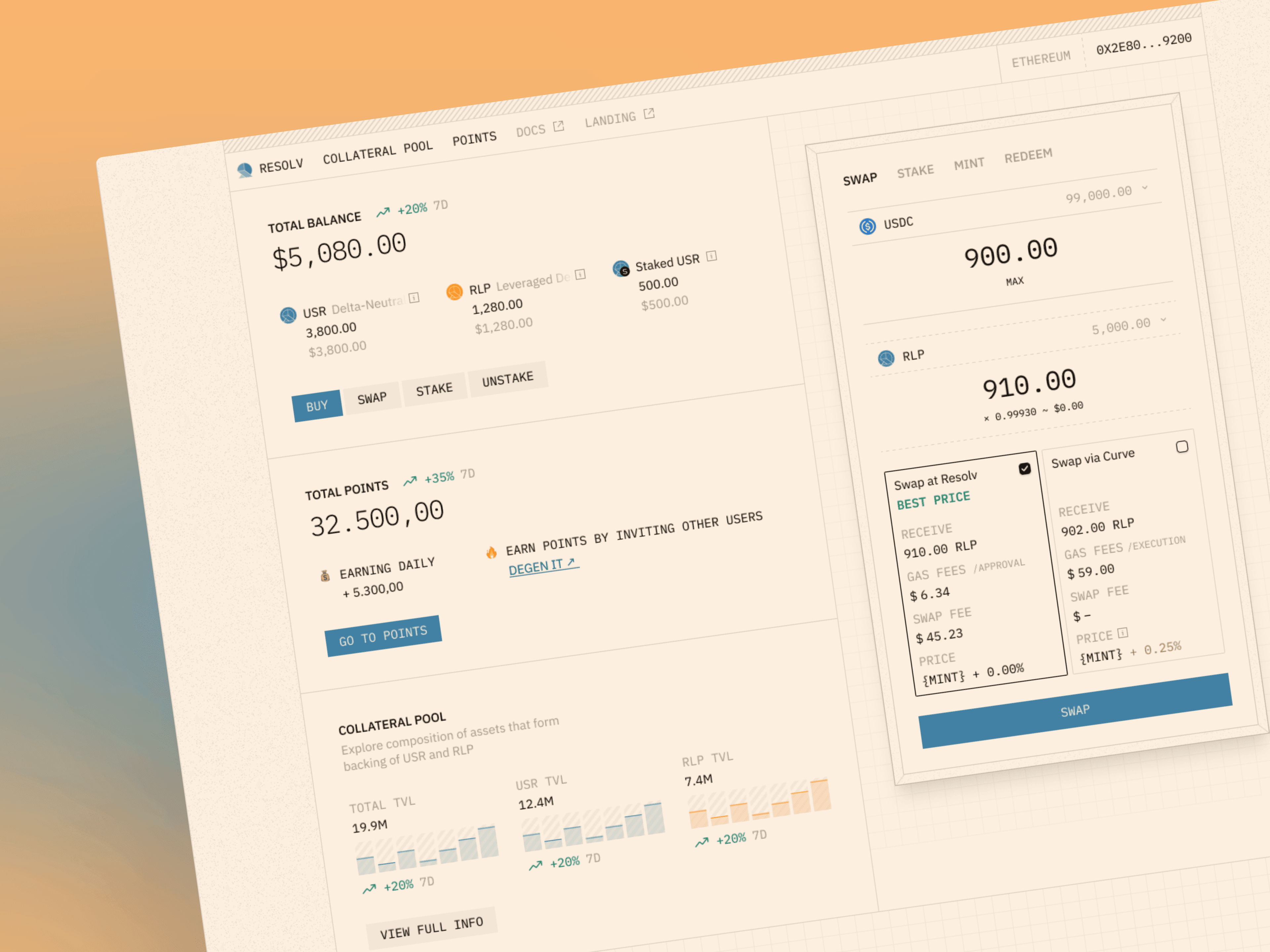 The portfolio dashboard beside an open swap widget quoting 900 USDC to RLP on both routes: Swap at Resolv flagged as best price with receive amount, gas and swap fees itemised, against the Curve route at +0.25%