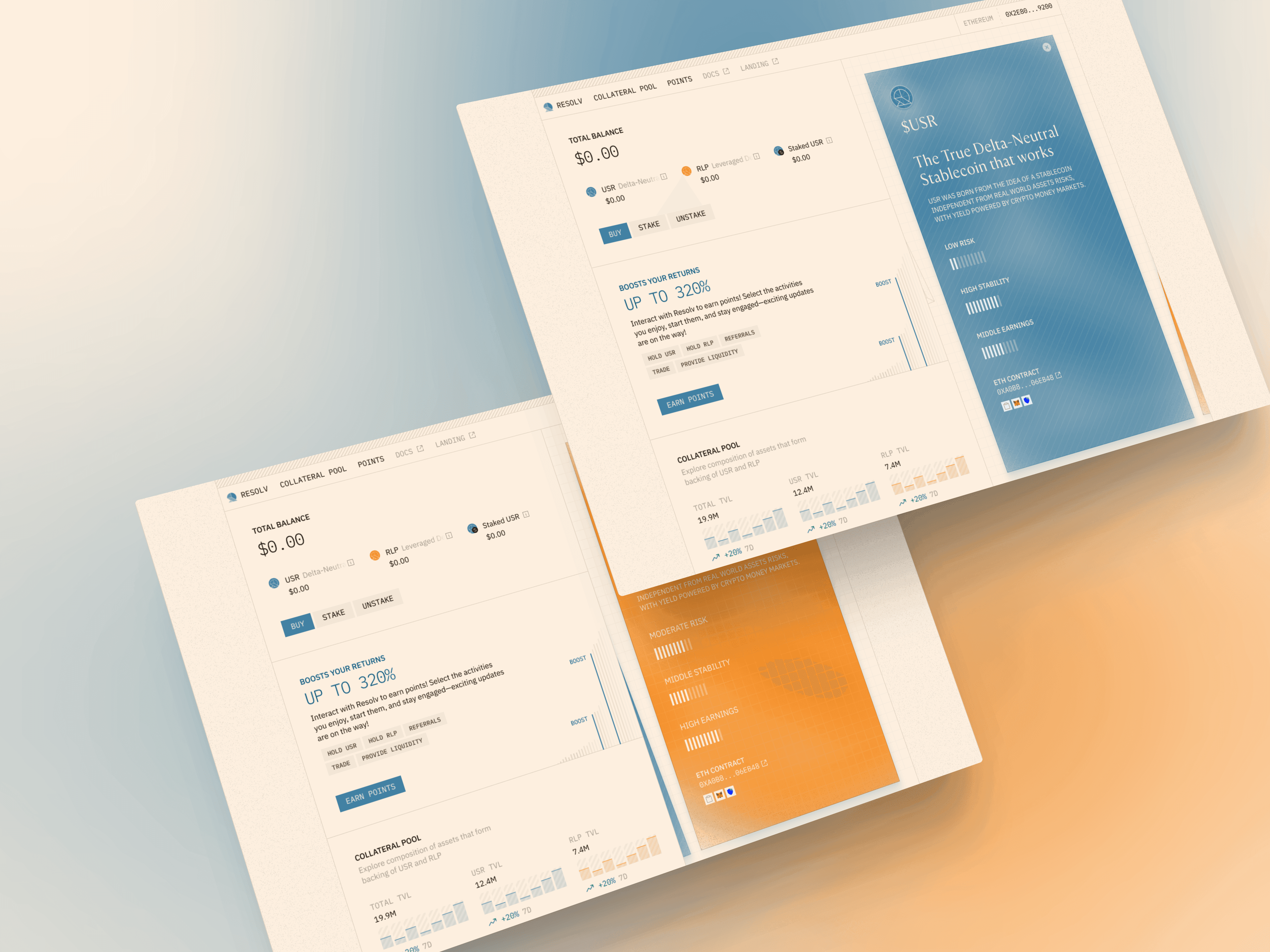 Two dashboard views with token detail panels open: a blue $USR panel described as a delta-neutral stablecoin with meters for low risk, high stability and middle earnings, and an orange RLP panel with meters for moderate risk, middle stability and high earnings, each beside its ETH contract address