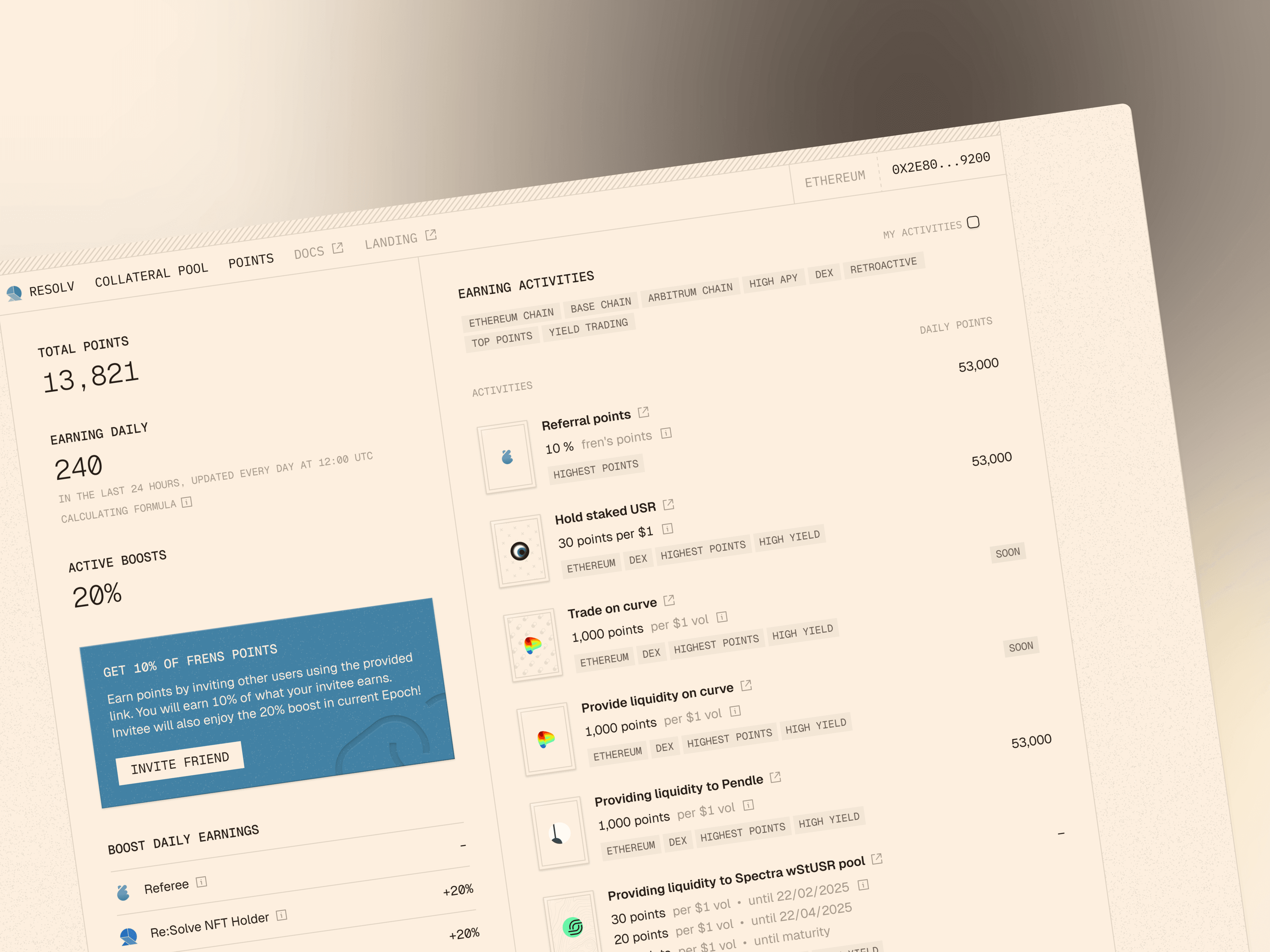 The points page: total points, daily earnings and active boosts on the left with a referral card, and a filterable list of earning activities on the right with chain and category filters and per-activity point rates