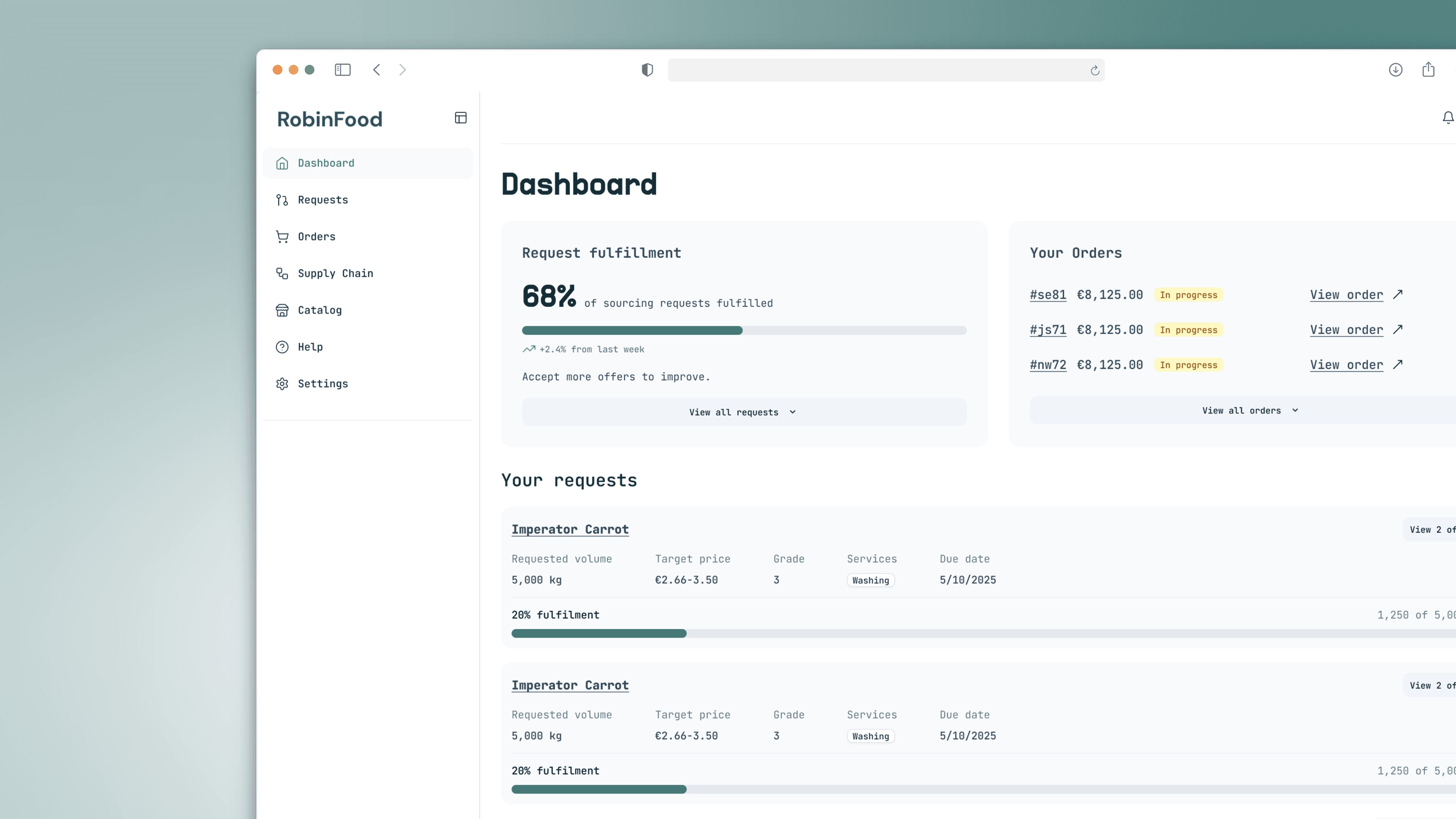 A buyer dashboard showing a request-fulfilment percentage above a 'Your requests' table, each row listing a commodity such as Imperator Carrot with its requested volume, target price, grade, services required, due date and percentage fulfilled.