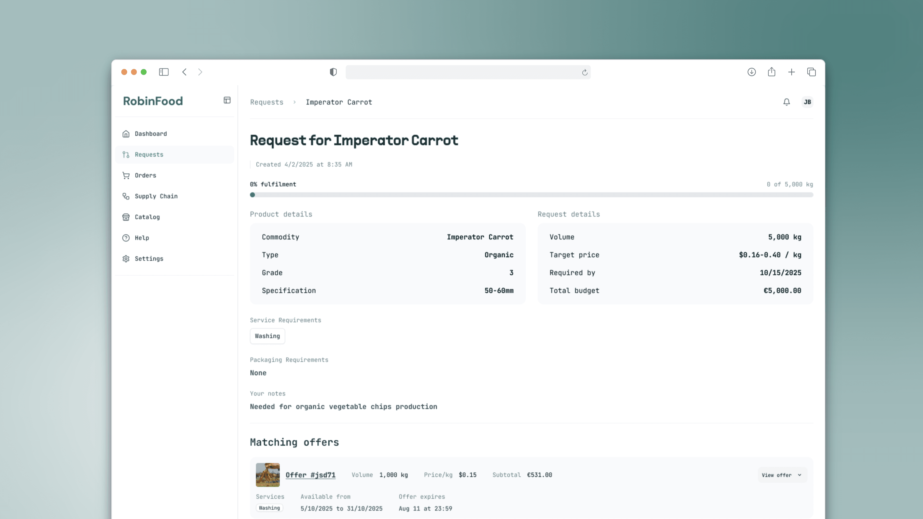 A request detail screen for Imperator Carrot, listing product details — type Organic, grade, and a 50–60mm specification — beside request details for volume, target price and required-by date, with Washing listed under service requirements, the buyer's notes, and a list of matching offers below.