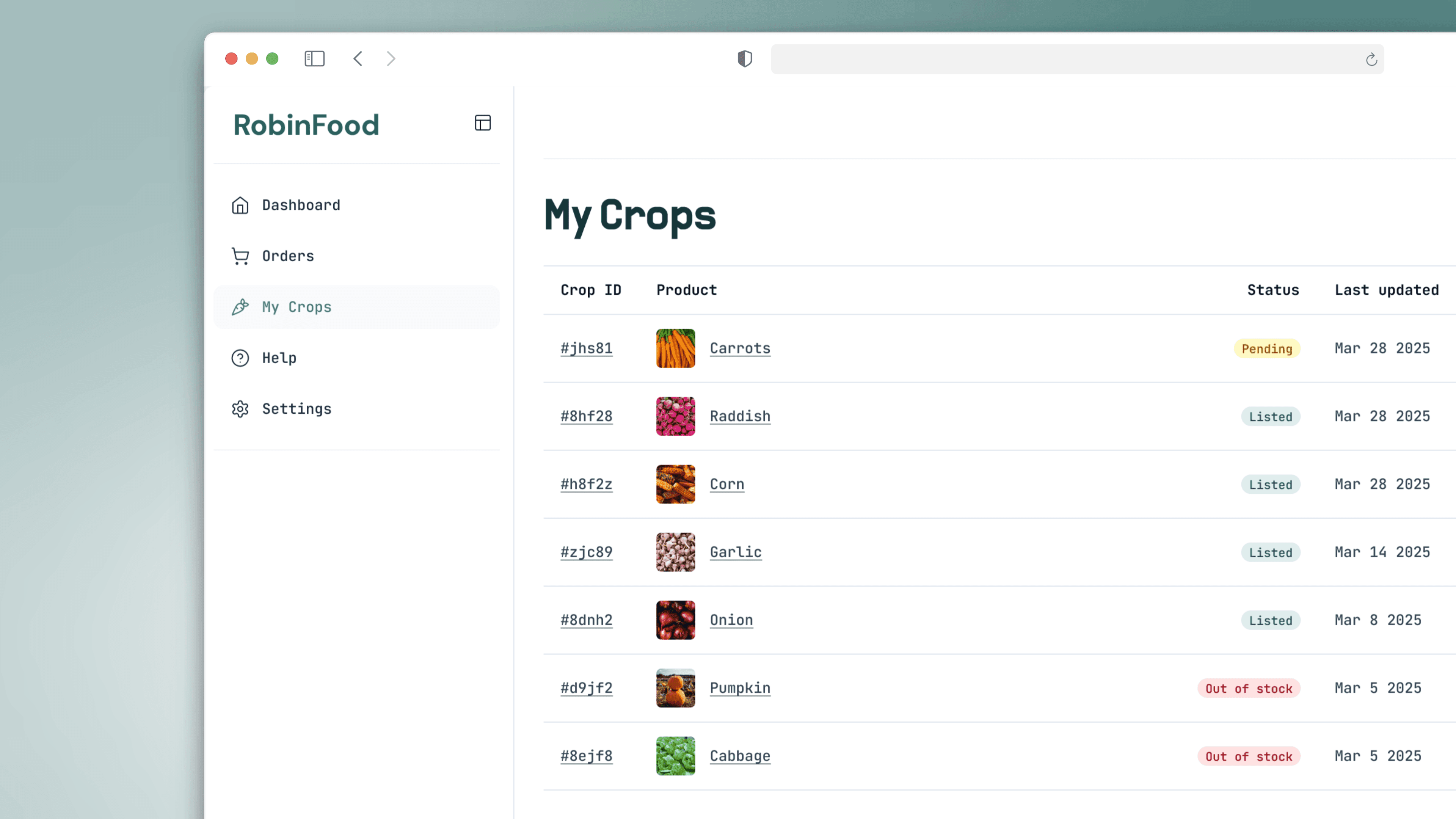 A farmer's 'My Crops' screen — a list of the farm's crops, each carrying a status of Pending, Listed or Out of stock.