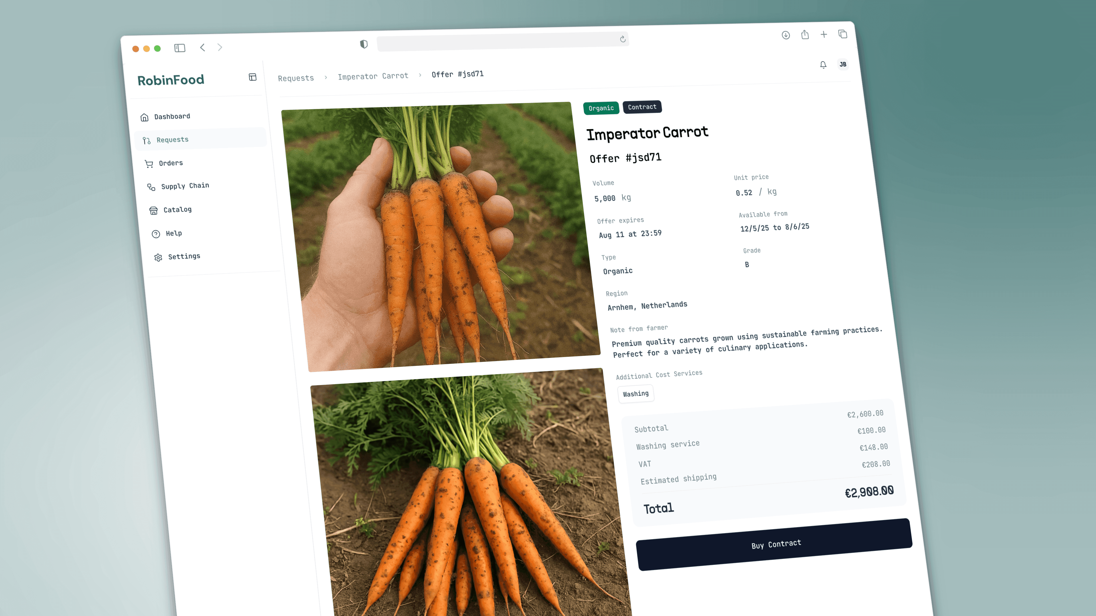An offer detail screen for a Grade B Imperator Carrot lot from Arnhem, Netherlands, with photographs of the harvested crop, a note from the farmer, Washing listed under additional cost services, a line-by-line breakdown of subtotal, washing service, VAT and estimated shipping, and a Buy Contract button.