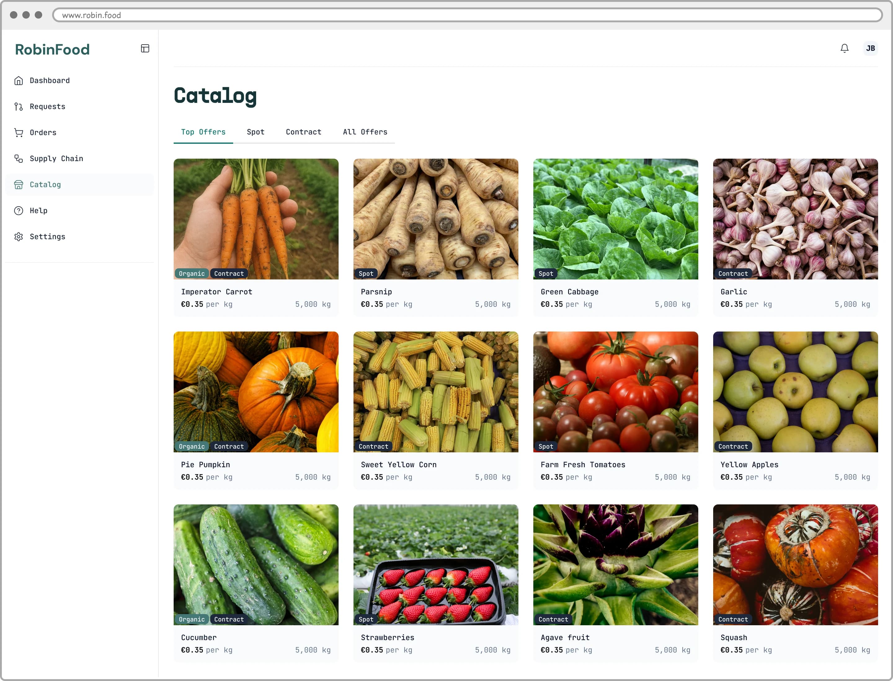 The spot-market catalog: a grid of produce offers with photos, each card showing the commodity, price per kilo and available volume, tagged Spot or Contract, under tabs for Top Offers, Spot, Contract and All Offers.