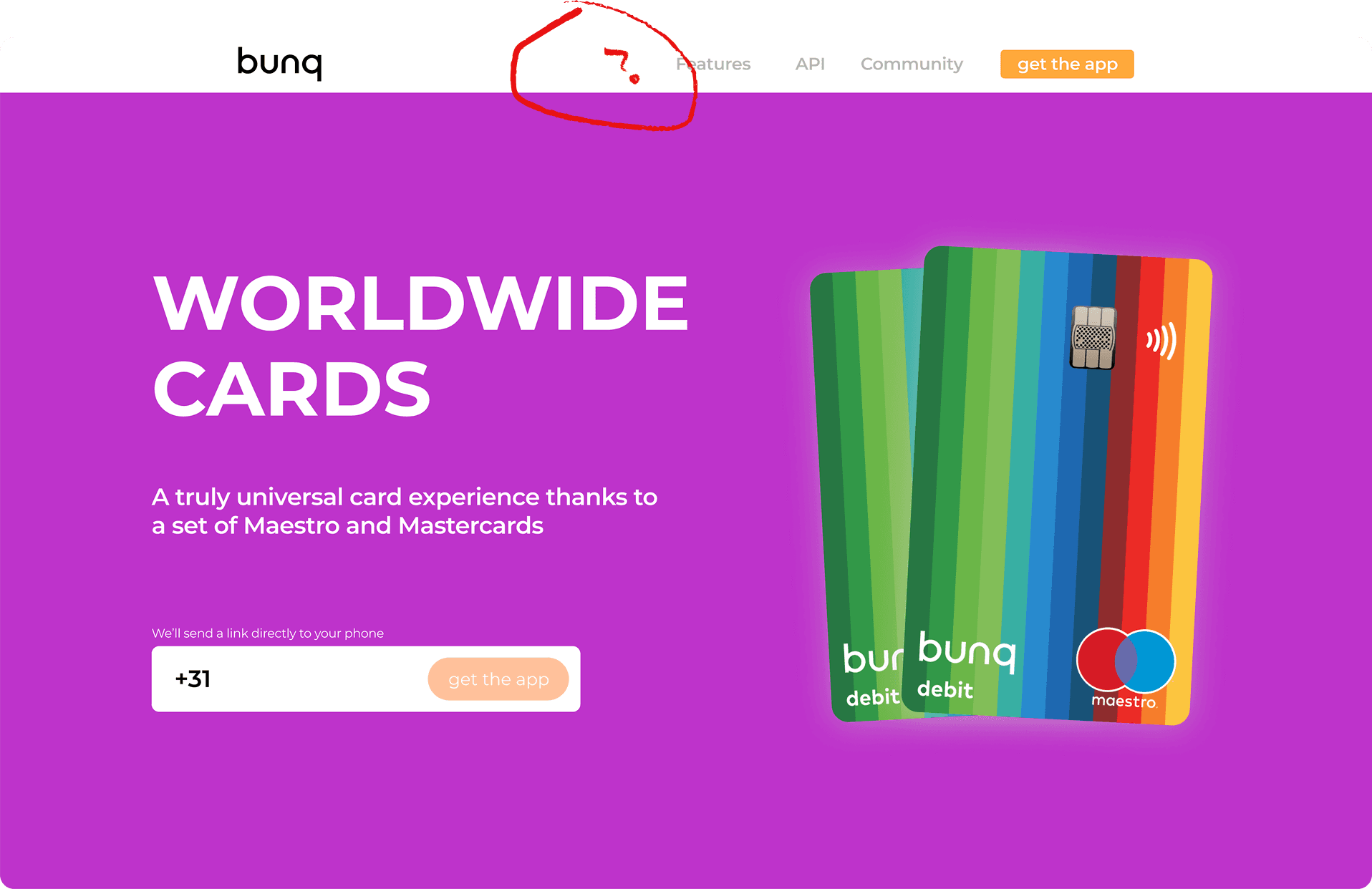 The bunq.com cards landing page — purple hero, two rainbow debit cards, a phone-number capture field — with a red hand-drawn scribble and question mark over the empty spot in the navigation where a pricing link should be