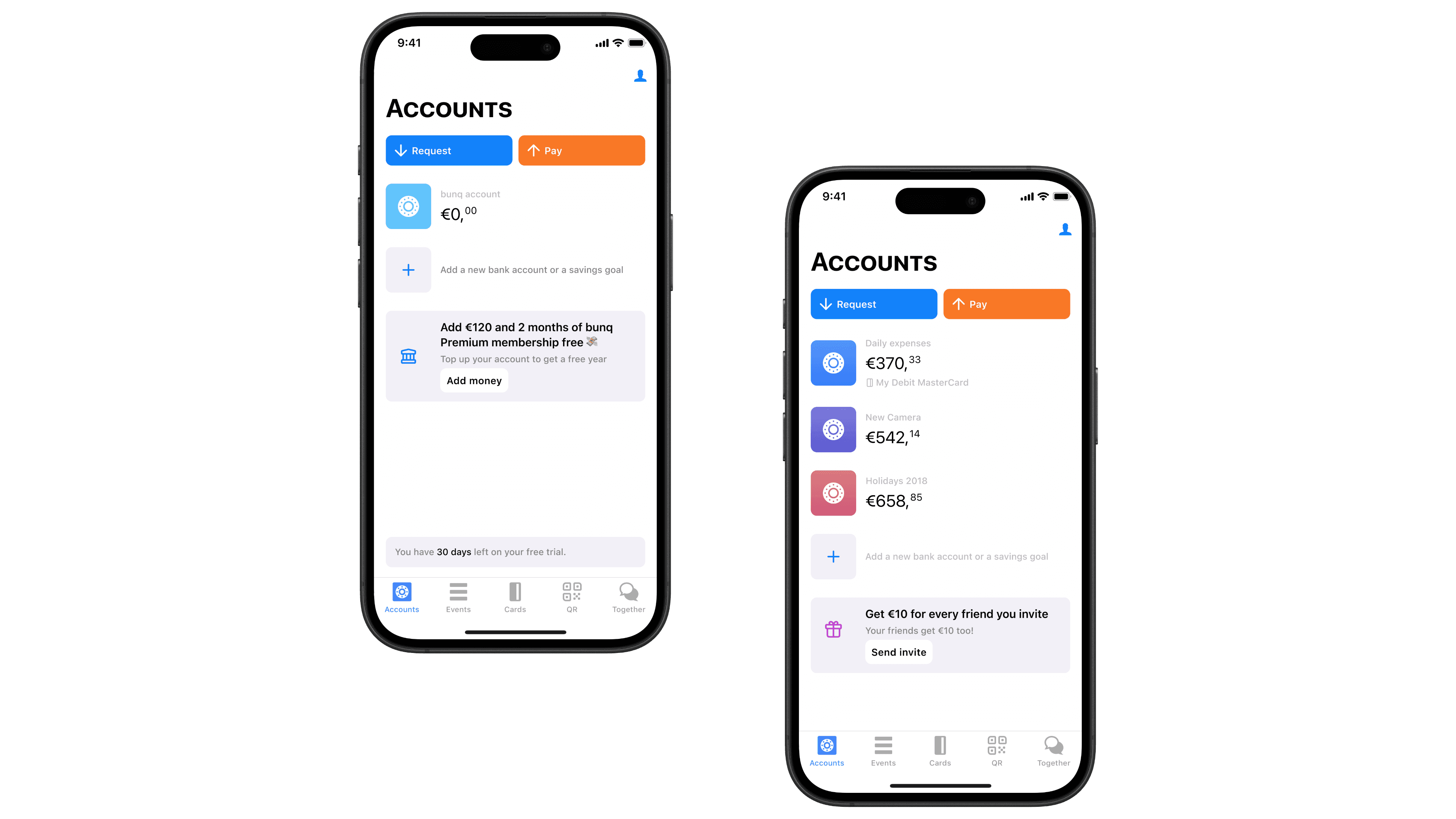 Two account screens: a new user's empty account with the banner 'Add €120 and 2 months of bunq Premium membership free', and an established user's view with savings goals and the referral banner 'Get €10 for every friend you invite — send invite'