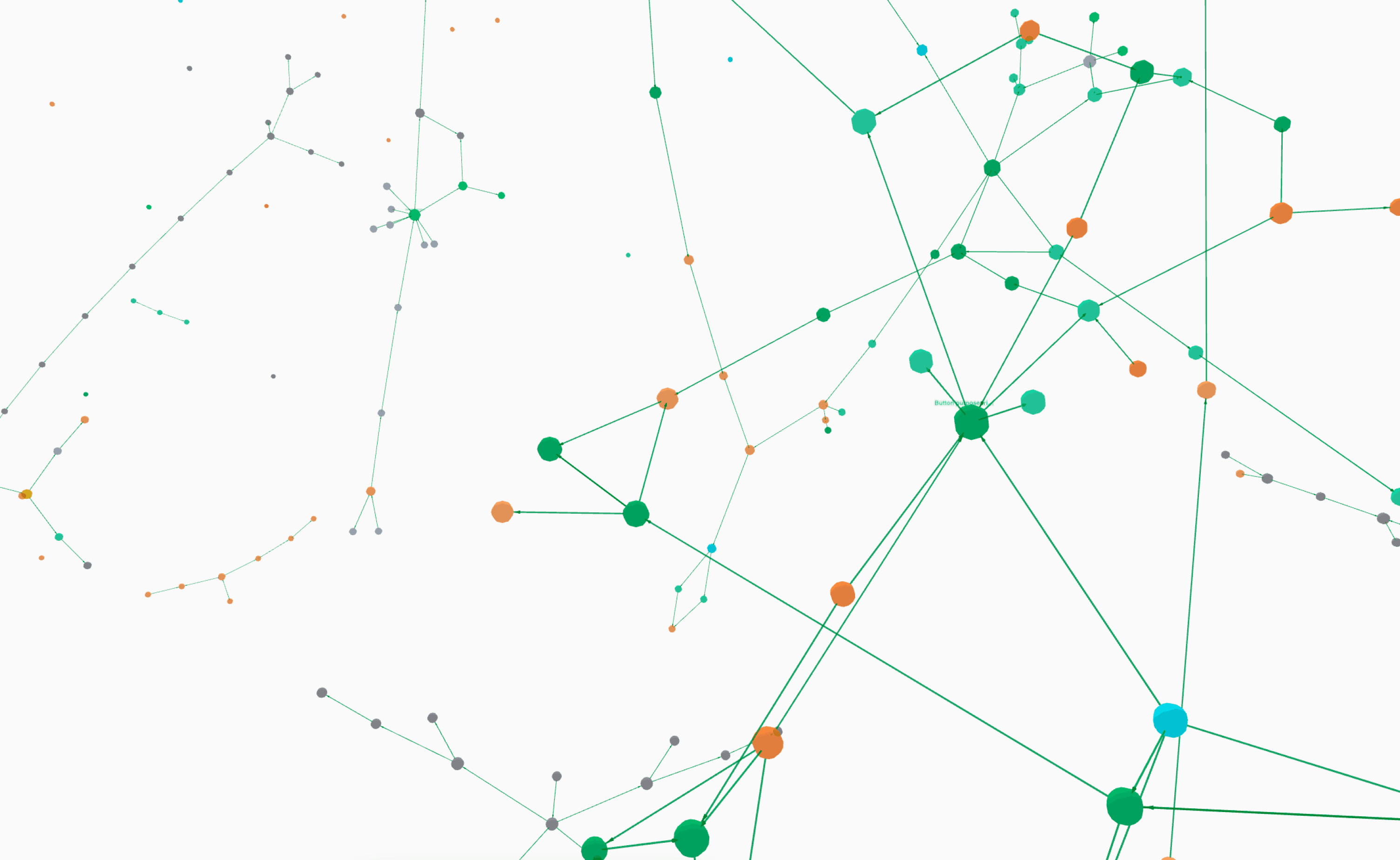 A Morpius knowledge graph filling the frame — clusters of green, teal and orange nodes joined by directed edges, dense at the right and thinning to scattered points at the left