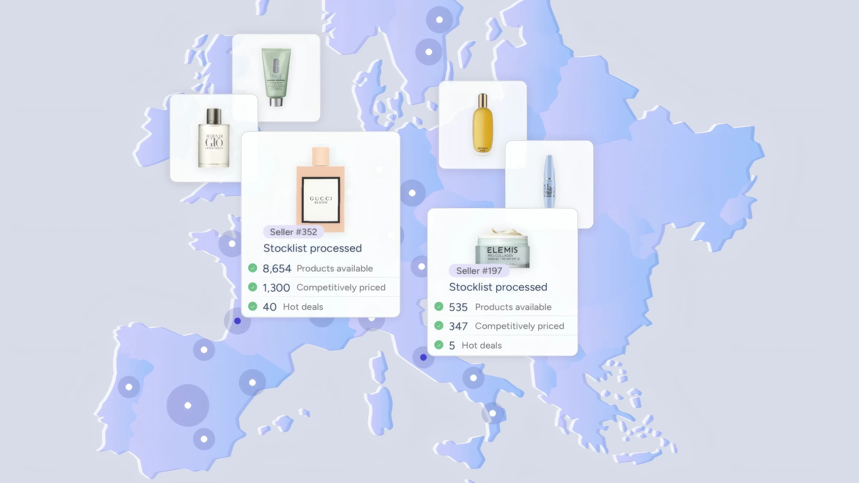 A map of Europe with supplier cards floating over it, each card showing a numbered seller and its processed stocklist — products available, competitively priced, hot deals