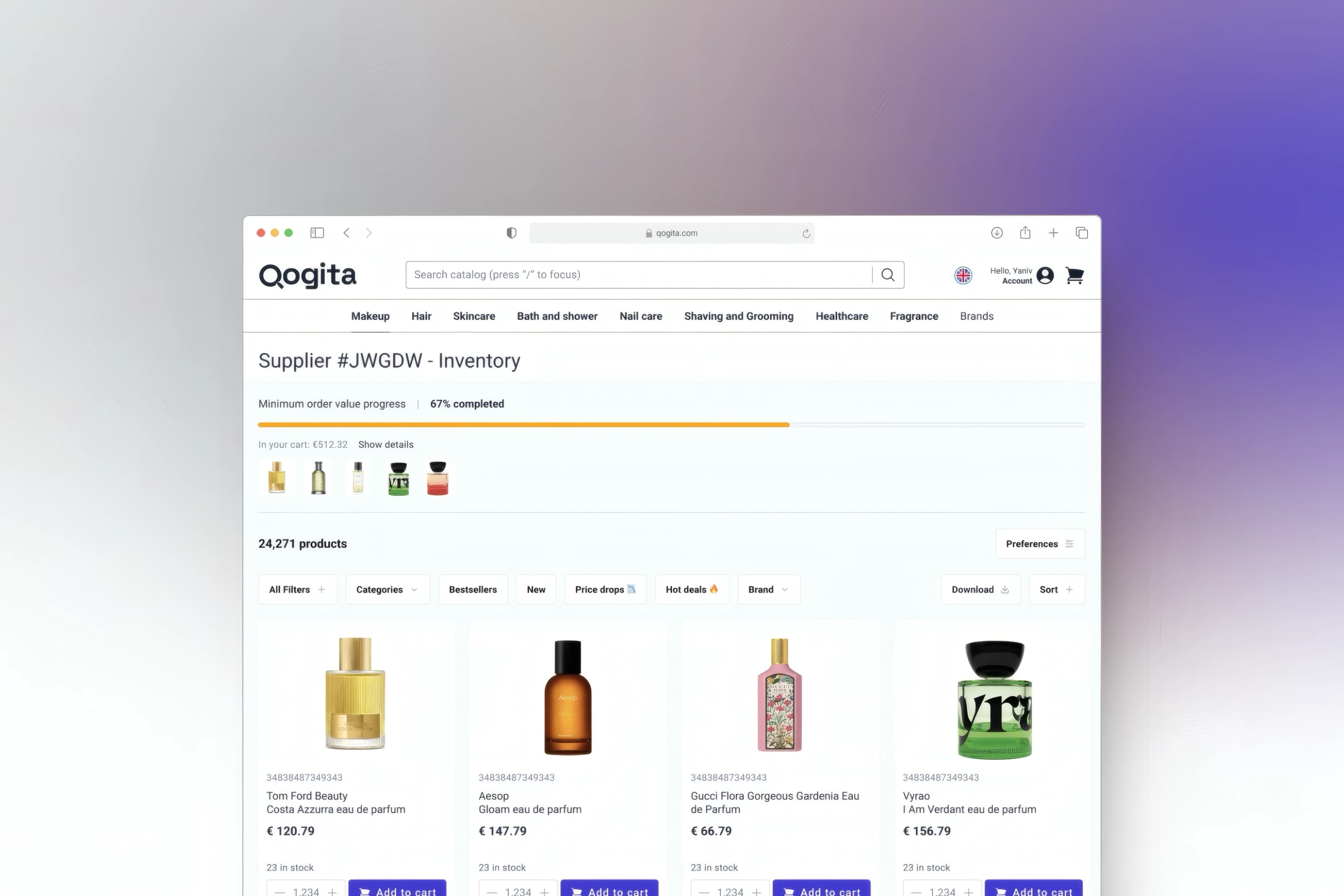 A supplier inventory page headed 'Supplier #JWGDW — Inventory', with a minimum-order-value progress bar reading 67% completed, the products already in the cart from that supplier shown as thumbnails beneath it, then 24,271 browsable products with filters for categories, bestsellers, new, price drops, hot deals and brand