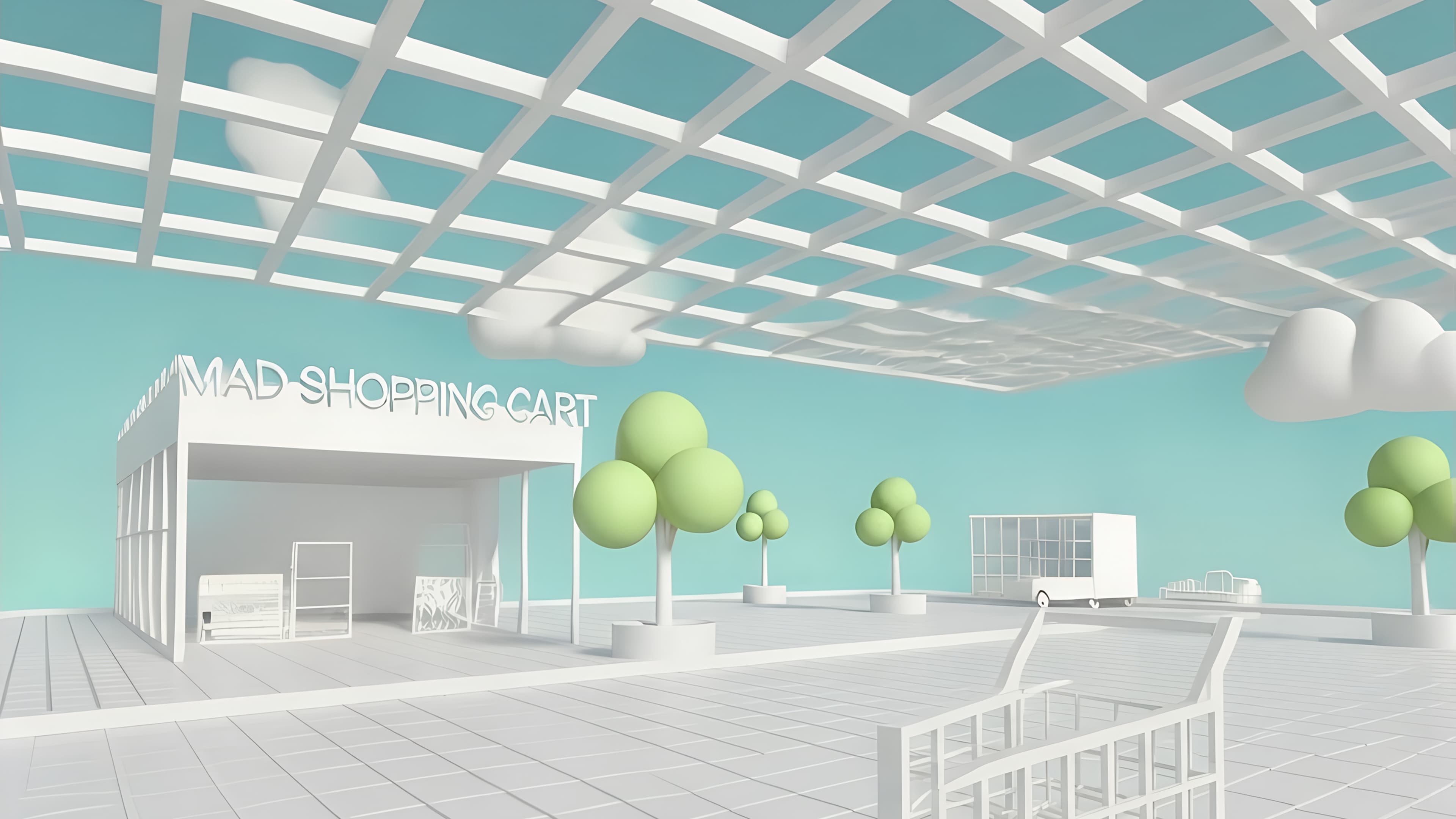 Stylised 3D render of a marketplace plaza with a shopping cart, trees and a delivery truck