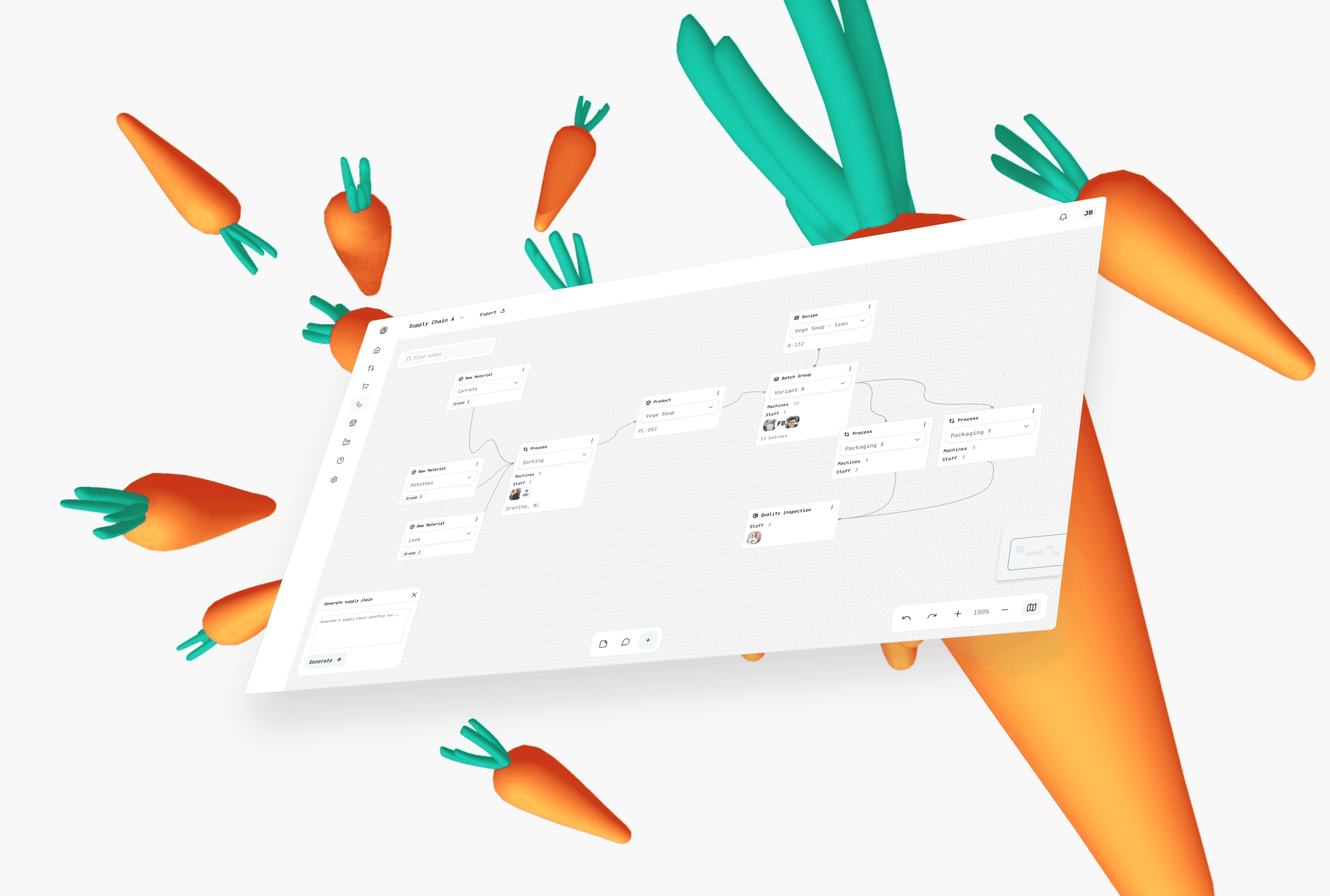 The supply-chain graph editor shown as a tilted browser window among 3D-rendered carrots, its nodes wired left to right from raw materials through sorting to a product, recipe and batch group.